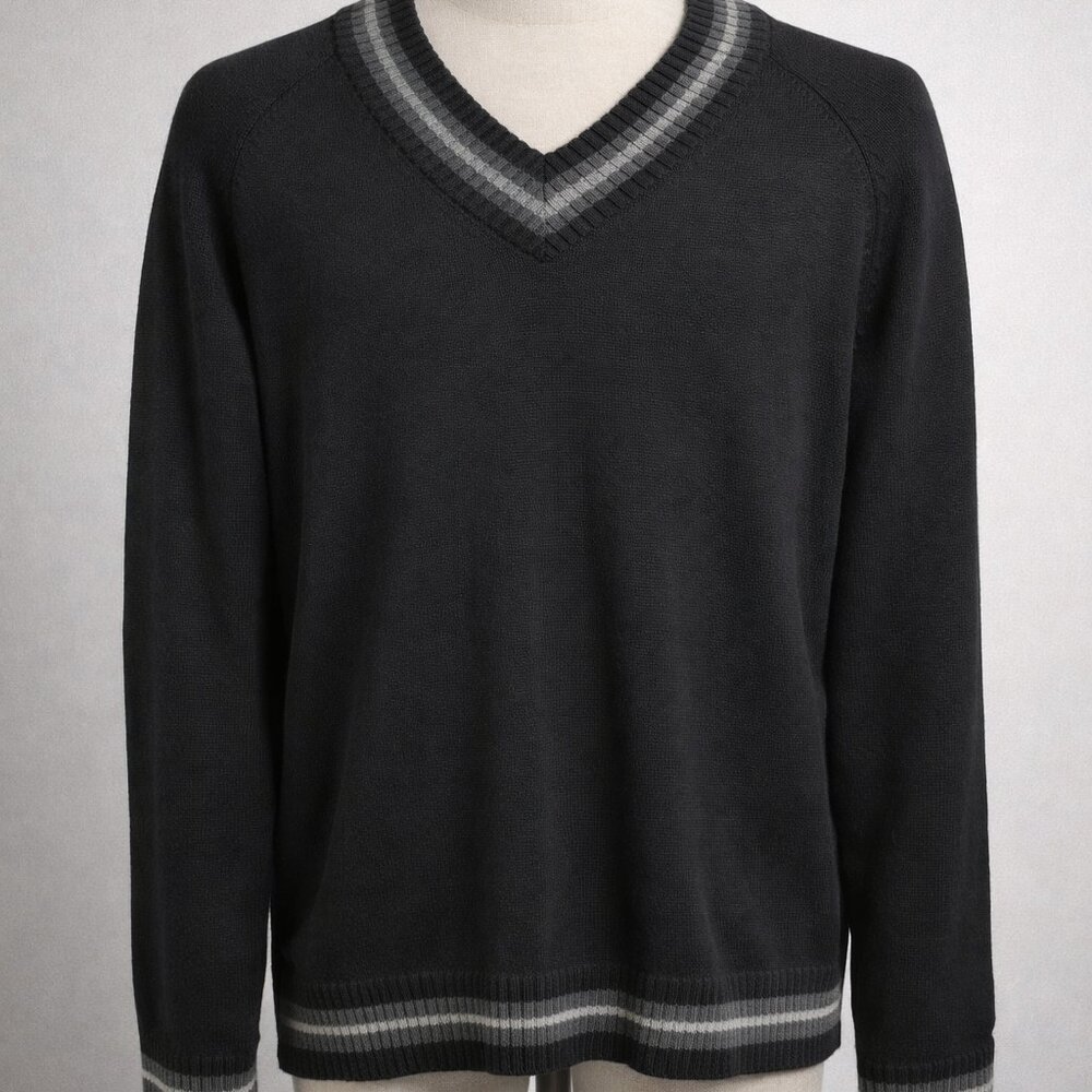 Express Men’s V-Neck Sweater Medium – Black & Gray Striped Knit